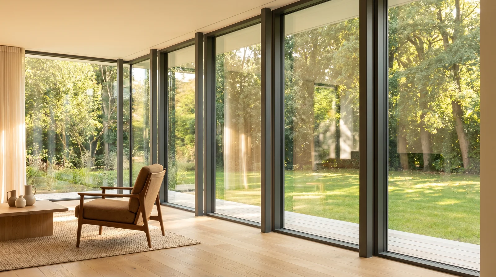 Large aluminium glazing blurring the boundary between interior and terrace