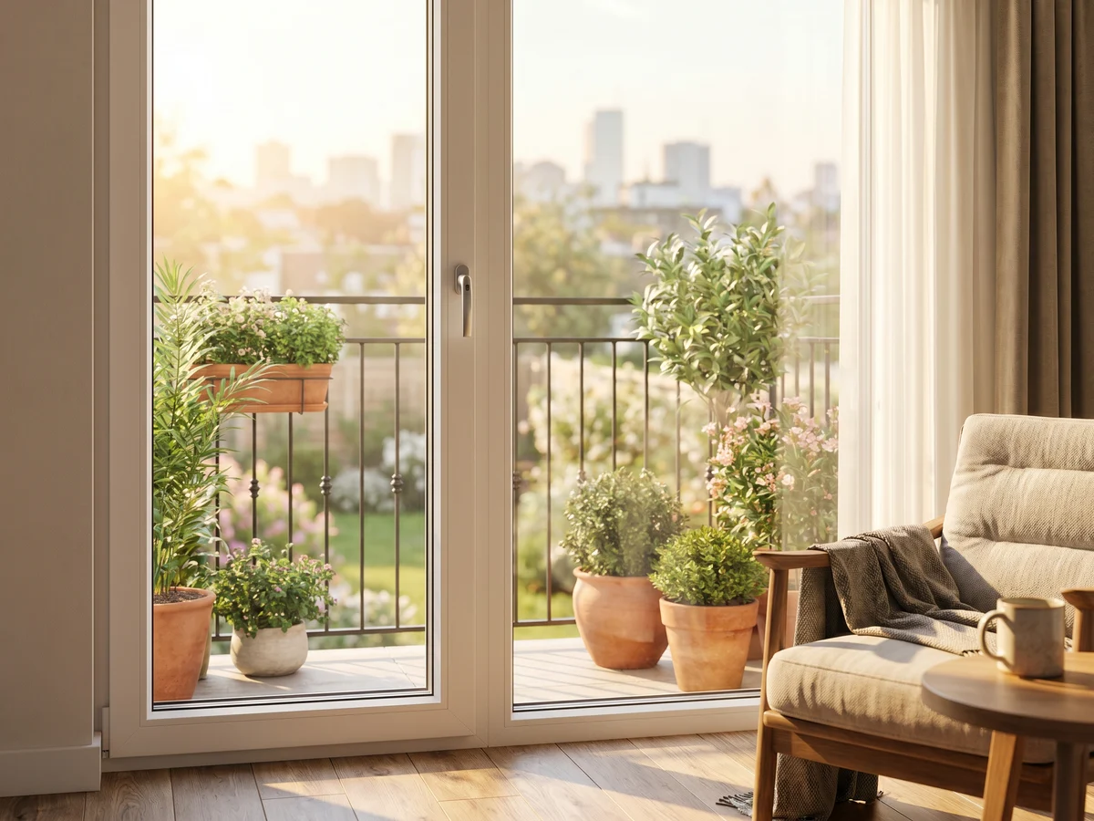 White PVC balcony door open onto a green balcony