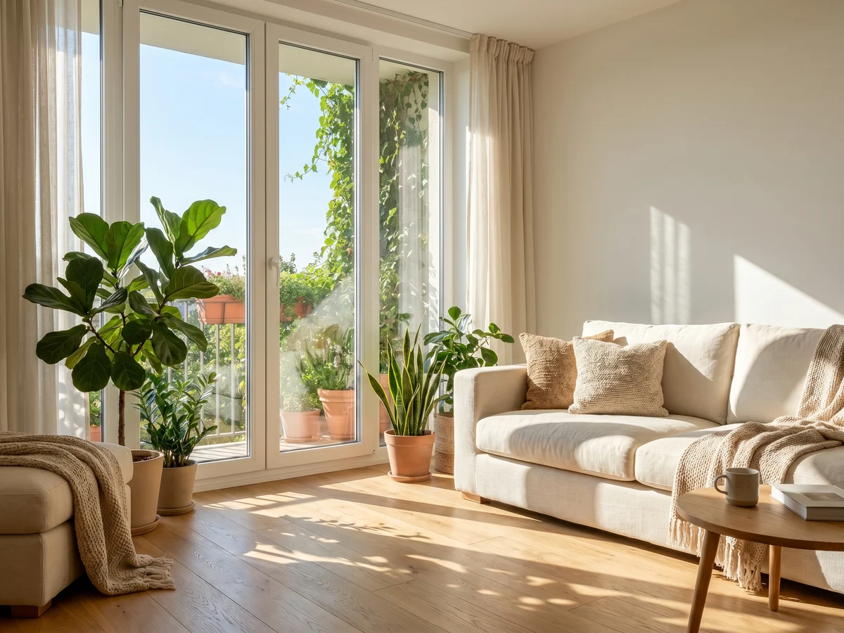 Light streaming through a balcony door into a warm interior