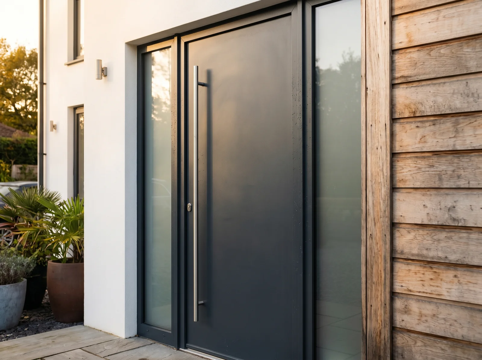 Large anthracite aluminium entrance door with wood cladding