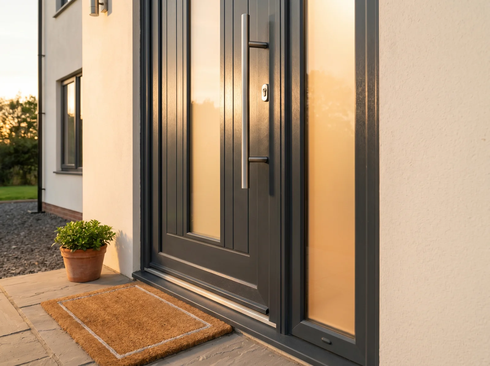 Modern anthracite PVC entrance door in warm light