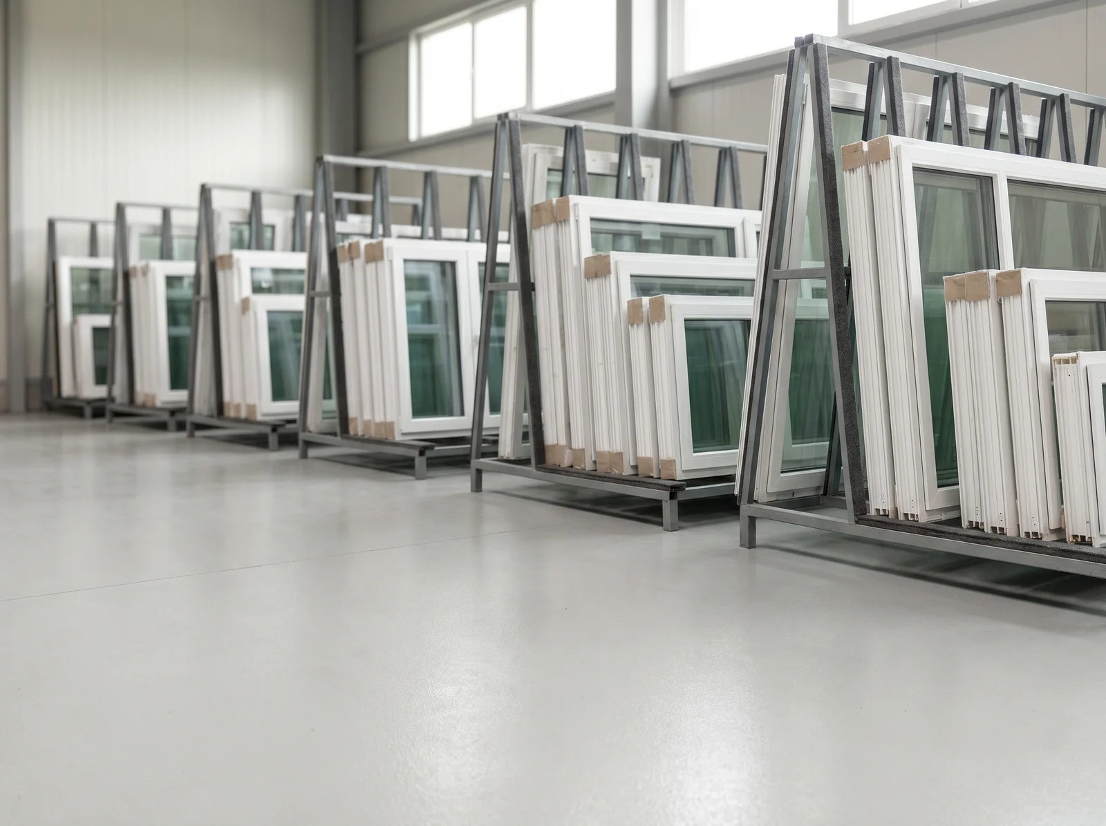PVC windows on transport racks in the BUDVAR factory
