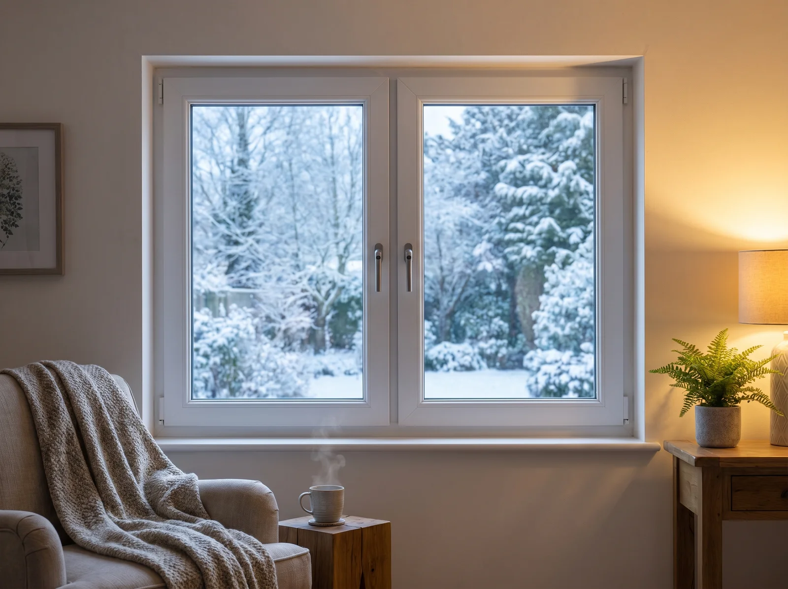 White PVC window in winter — warm interior and snowy garden outside