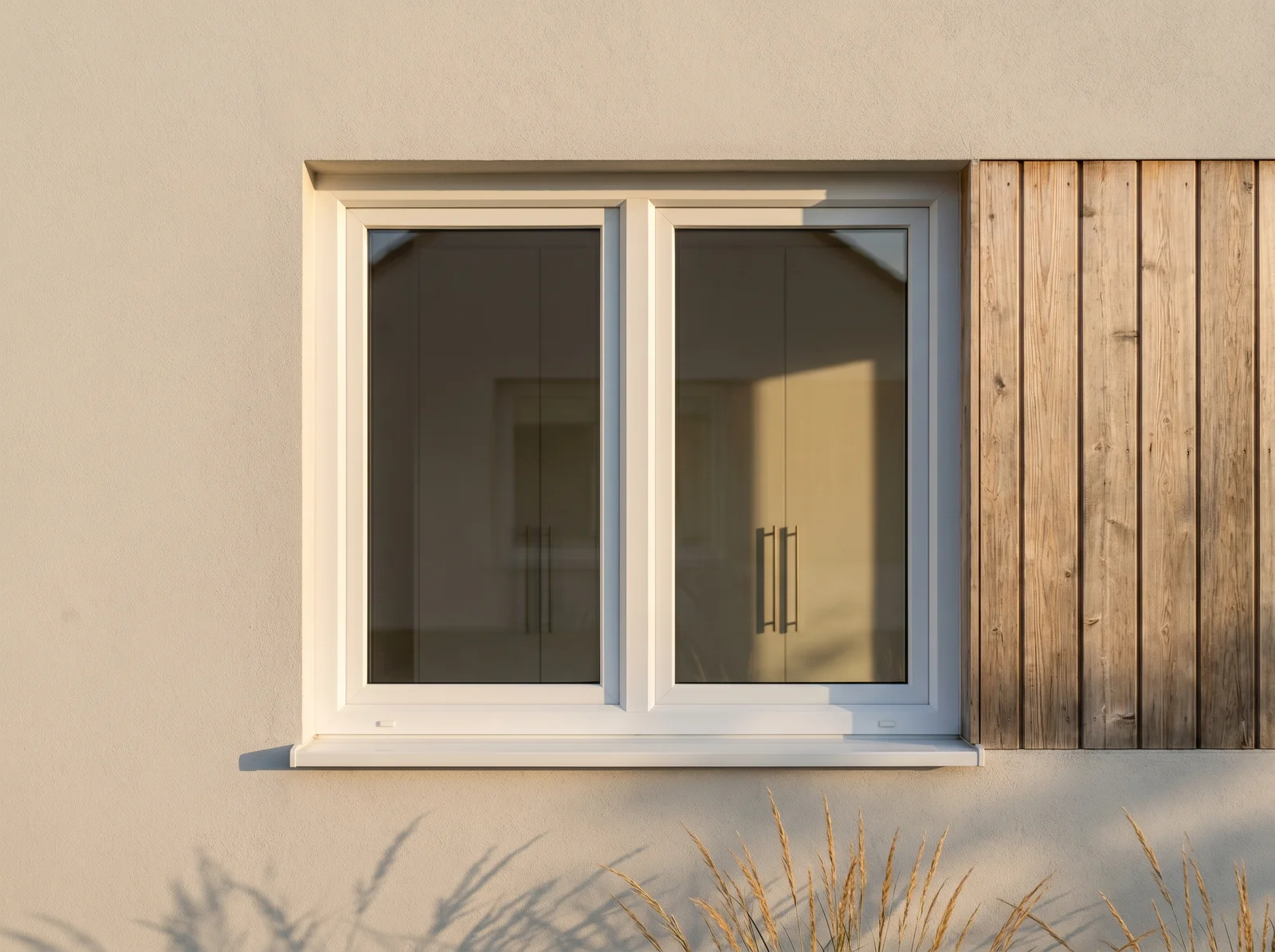 White two-sash PVC window on a modern facade with wooden slats