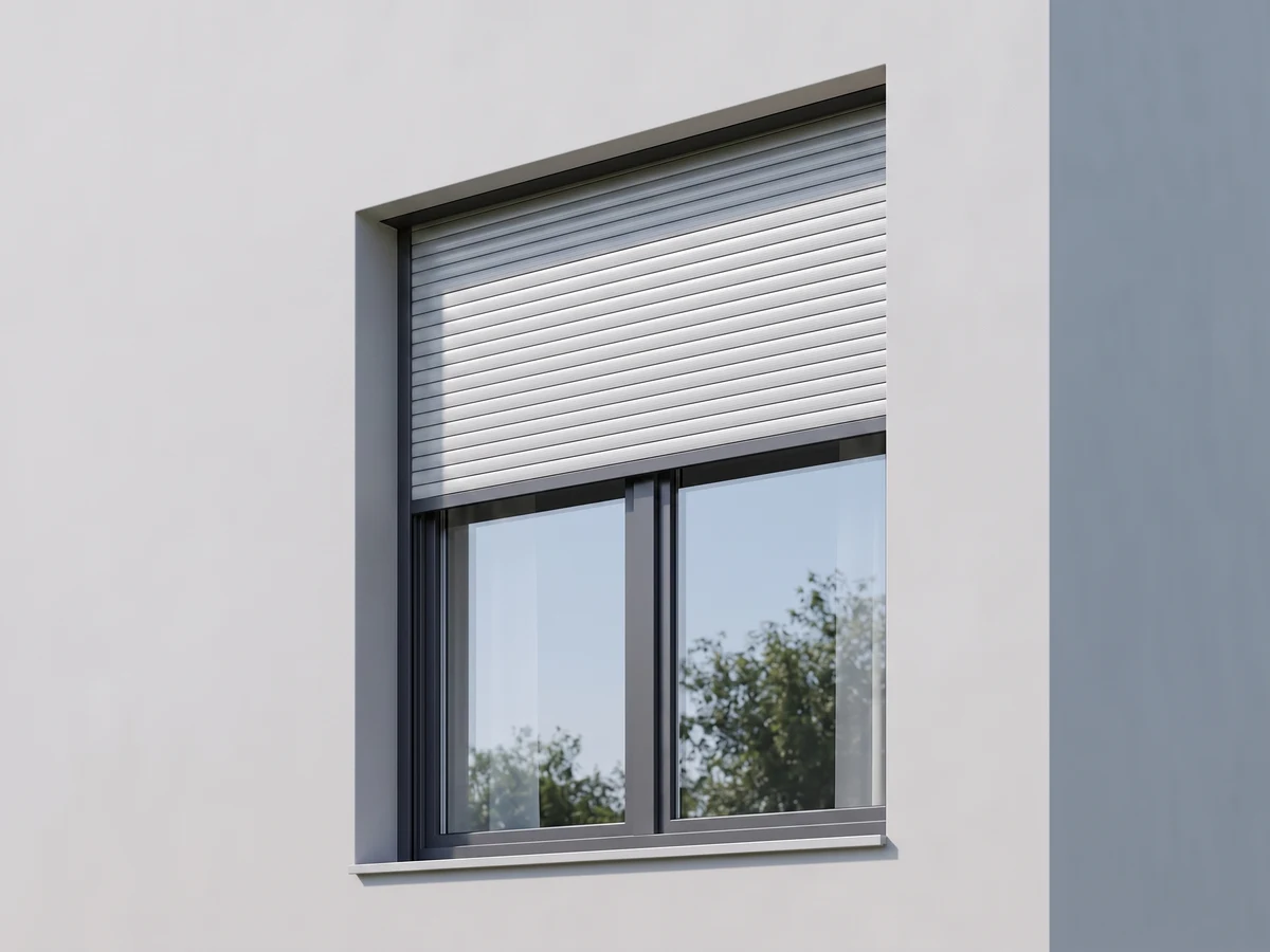 Top-mounted shutter integrated on the frame of a white PVC window