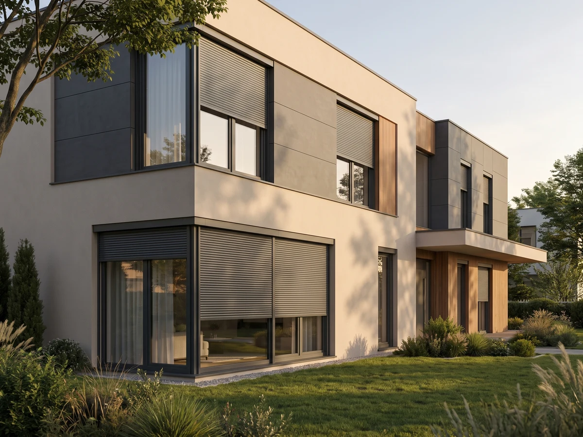 Modern house with recessed roller shutters hidden under the insulation