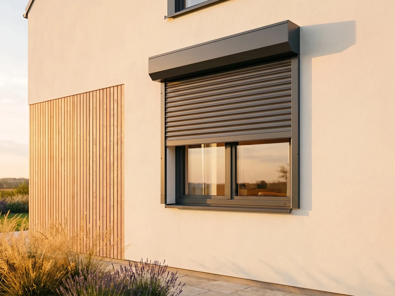 Anthracite façade roller shutter with box above the window