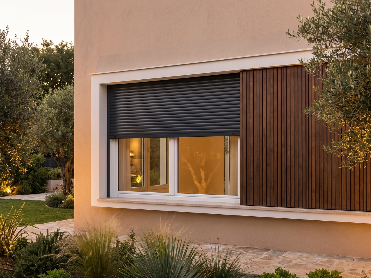 Top-mounted shutter integrated on the frame of a white PVC window