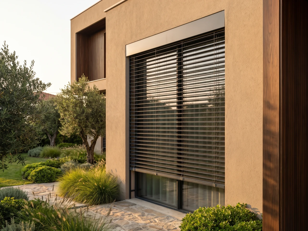 External venetian blind with anthracite slats controlling light on a window
