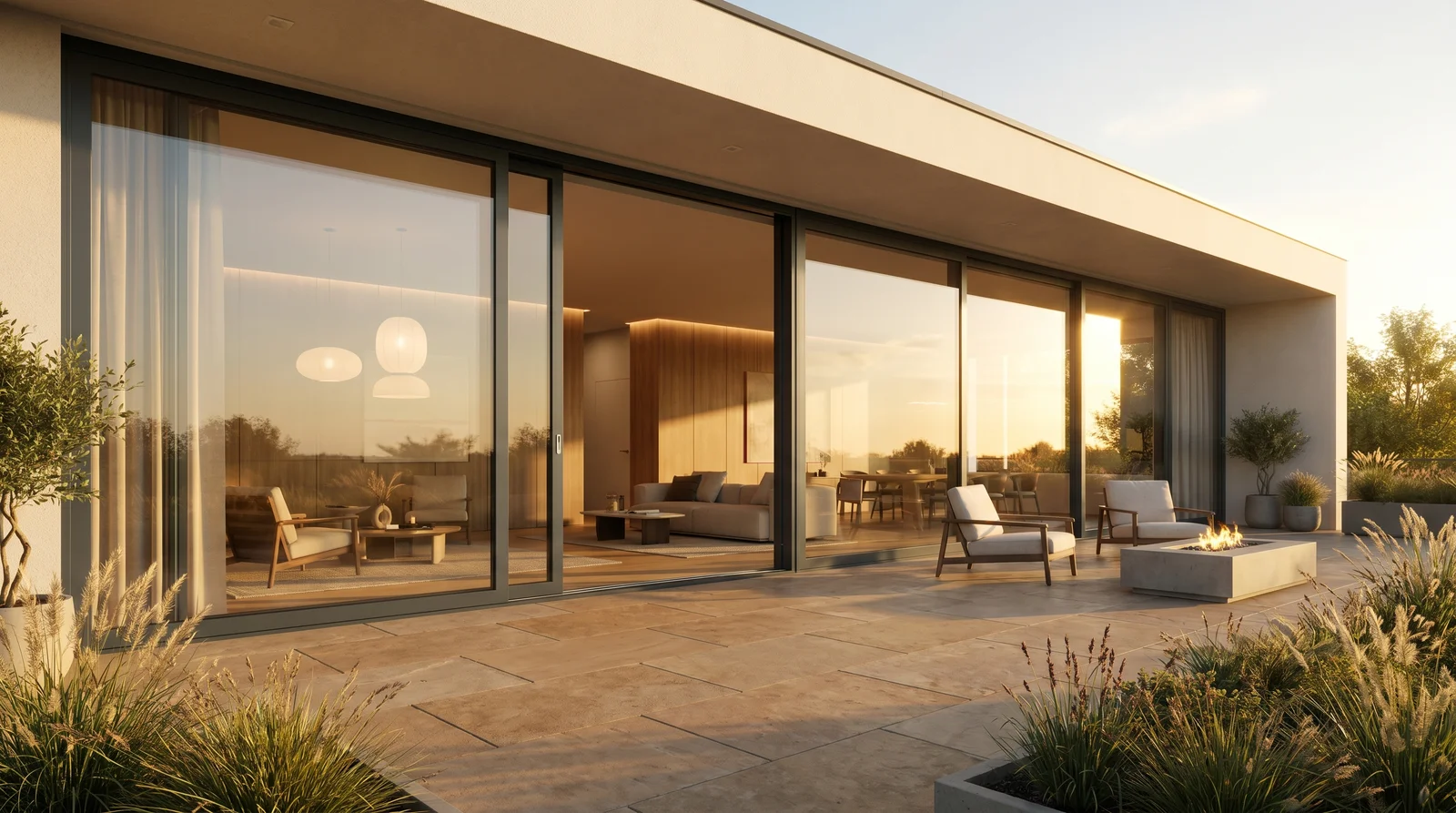 Anthracite aluminium lift-and-slide doors on a modern terrace