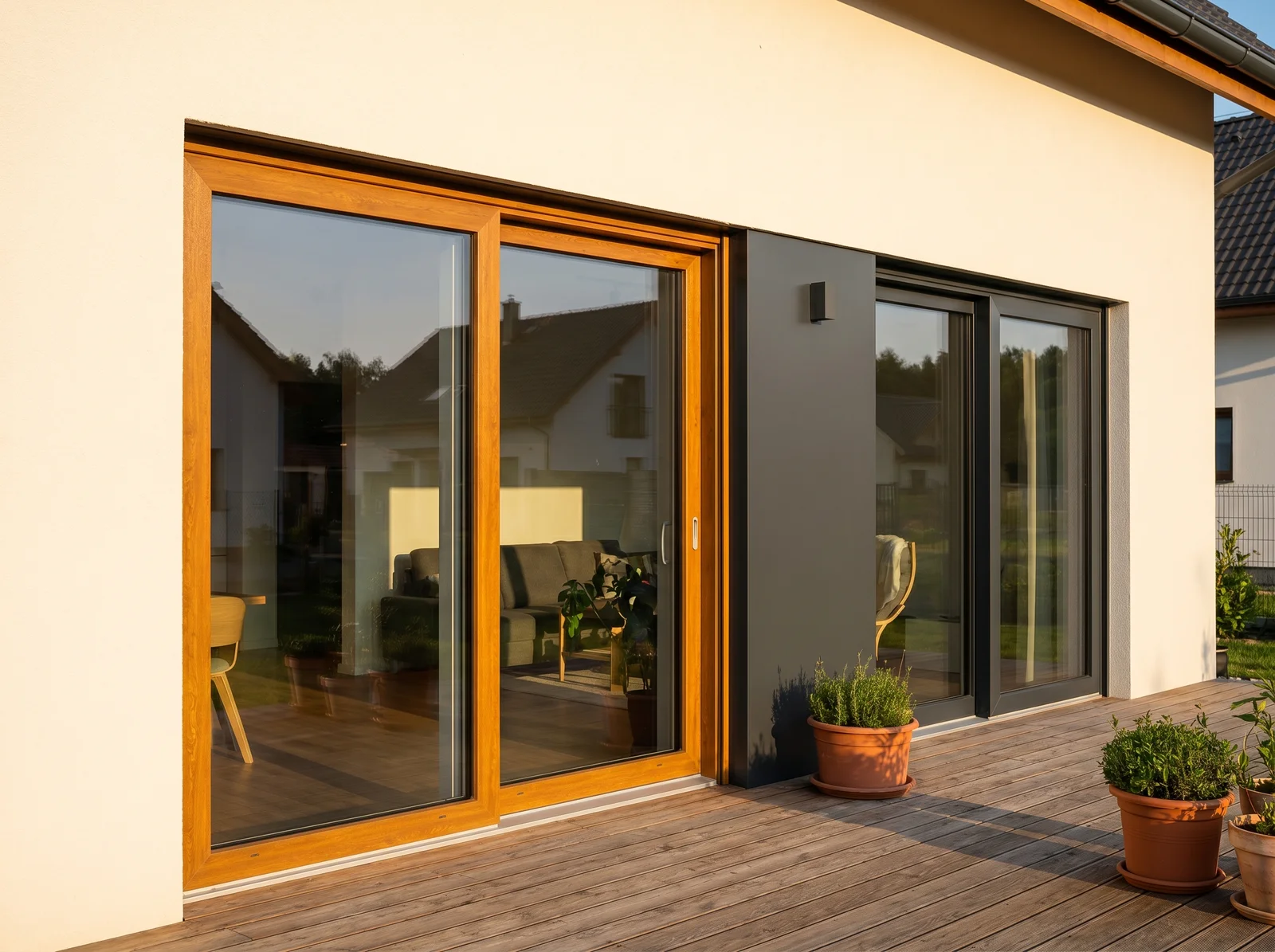 Patio doors in golden oak foil and anthracite — BUDVAR colour range
