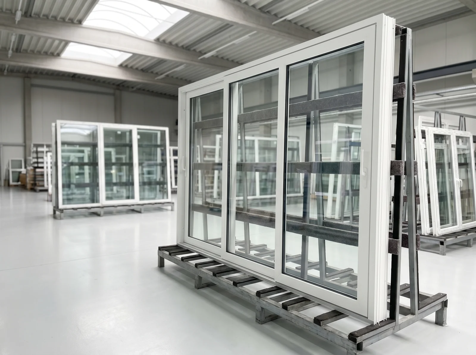 Patio doors on transport racks in the BUDVAR factory