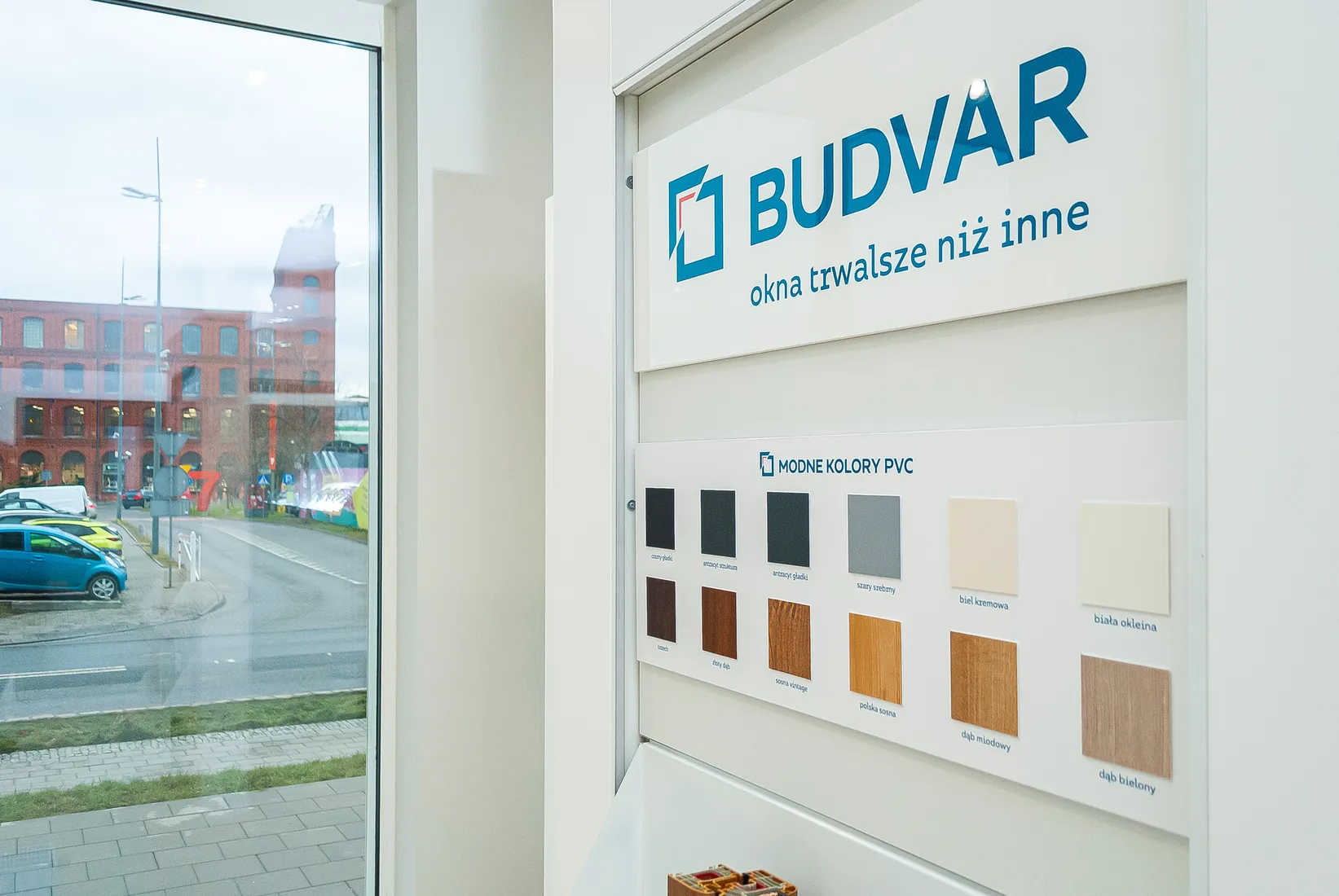 Colour samples by the shopfront — Salon Budvar Łódź